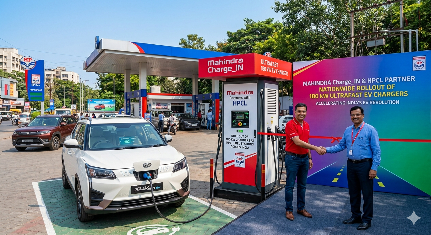 Mahindra Charge_iN Partners with HPCL to Roll Out 180 kW Ultrafast EV Chargers at Fuel Stations Across India mahindra charge in